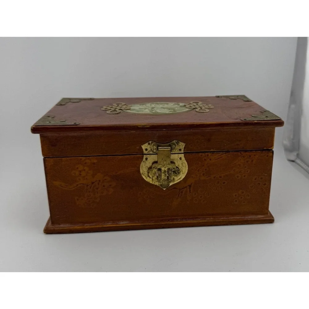 Vintage Asian Style Wood Jewelry Box with Jade‎ Floral Inlay & Brass Accents